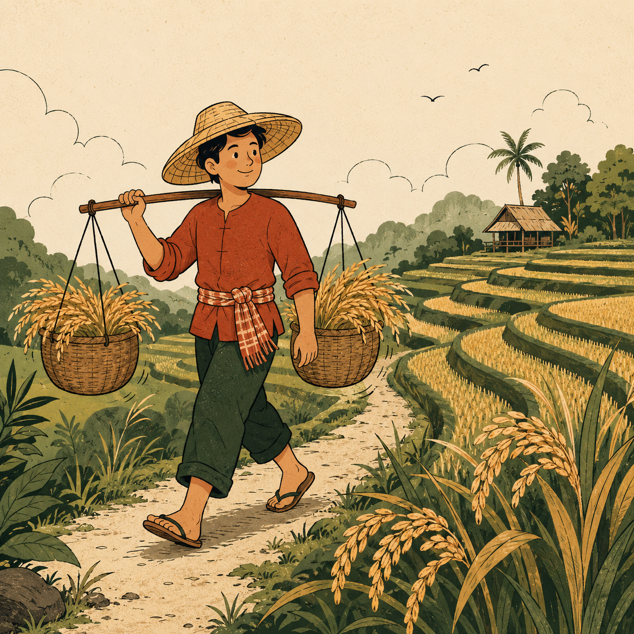 Farmer carrying baskets of harvested rice